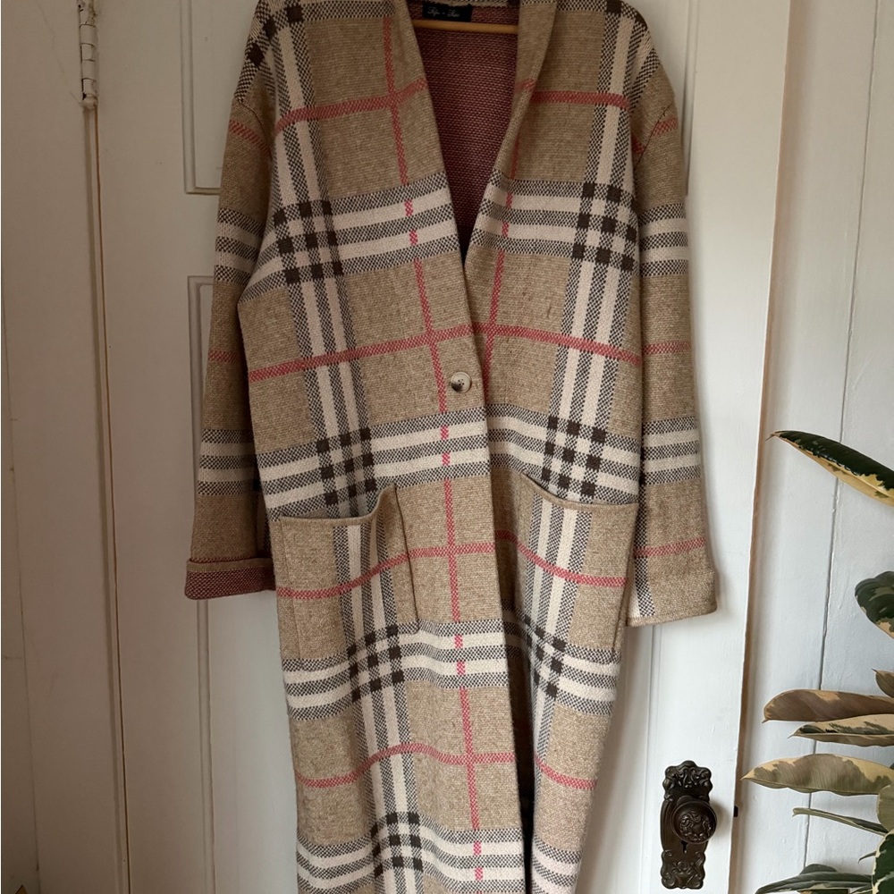 Plaid Long Knit Coat with Pockets